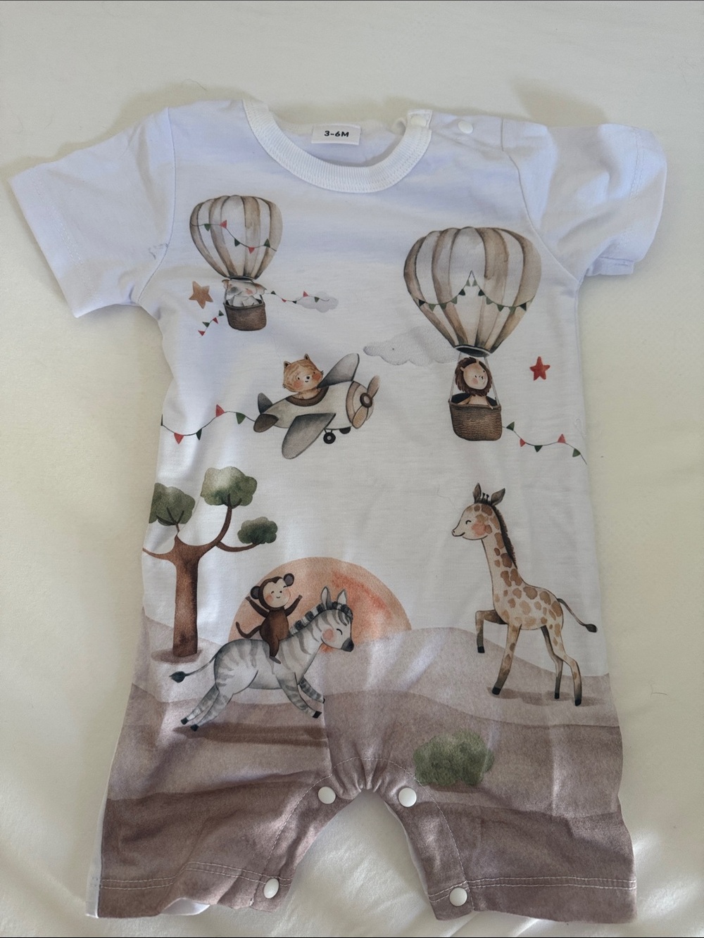 White Baby Romper with Safari & Hot Air Balloons NWOT